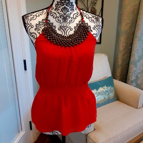 bebe lipstick red beaded front peplum top - Picture 1 of 9